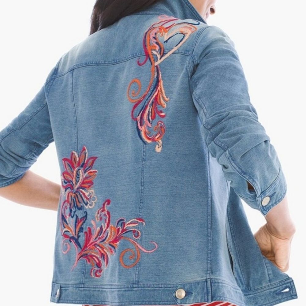 Zenergy by Chico's French Terry Indigo Stretch Embroidered Jean Jacket, Sz 1 (M) - Picture 2 of 10